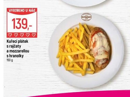Kuřecí plátek s rajčaty a mozzarellou s hranolky