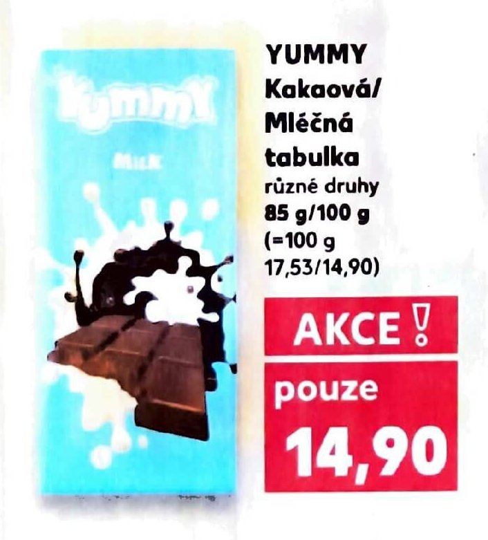YUMMY Kakaová / Mléčná tabulka 85 g / 100 g