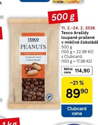 Tesco Arašídy loupané pražené v mléčné čokoládě 500 g
