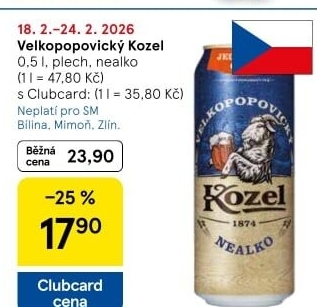 Nealkoholické pivo Velkopopovický Kozel