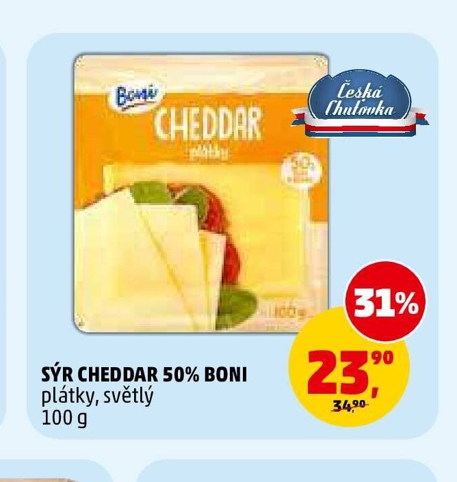 SÝR CHEDDAR 50% BONI plátky, světlý 100 g