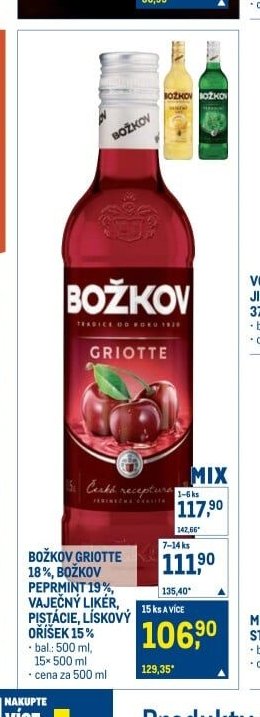 Božkov Griotte 18%, Božkov Peprmint 19%, Vaječný likér, Pistácie, Lískový oříšek 15% - Makro akcniletaky.com
