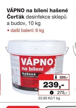 VÁPNO na bílení hašené Čerťák desinfekce sklepů a budov, 10 kg - Barvy a laky drogerie akcniletaky.com