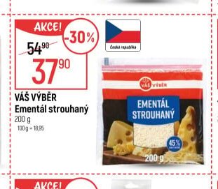 VÁŠ VÝBĚR Ementál strouhaný 200 g