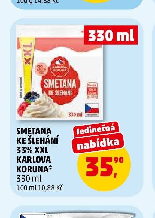 SMETANA KE ŠLEHÁNÍ 33 % XXL KARLOVA KORUNA 330 ml - Penny Market akcniletaky.com