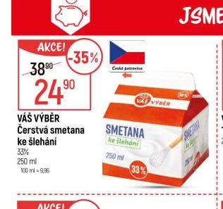 Váš výběr Čerstvá smetana ke šlehání 33%, 250 ml