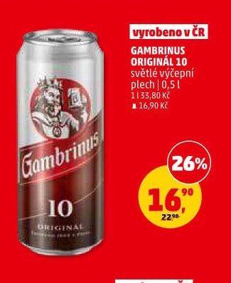 GAMBRINUS ORIGINÁL 10 světlé výčepní plech 0,5 l