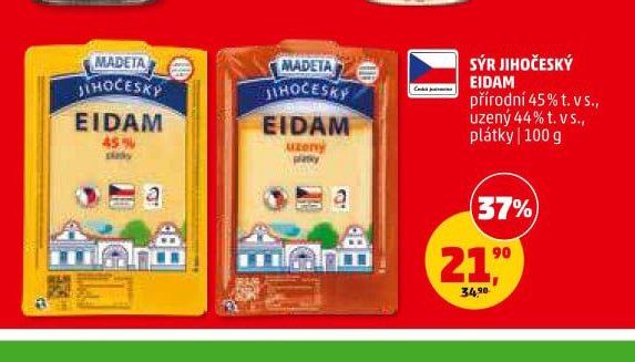 SÝR JIHOČESKÝ EIDAM přírodní 45 % t. v s., uzený 44 % t. v s., plátky 100 g