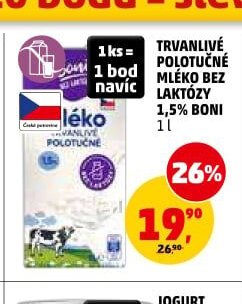 TRVANLIVÉ POLOTUČNÉ MLÉKO BEZ LAKTÓZY 1,5% BONI