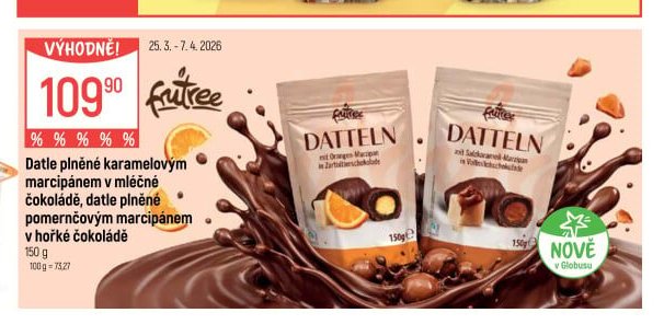 Futree Datle plněné karamelovým marcipánem v mléčné čokoládě, datle plněné pomernčovým marcipánem v hořké čokoládě 150 g