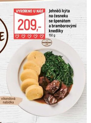 Jehněčí kýta na česneku se špenátem a bramborovými knedlíky