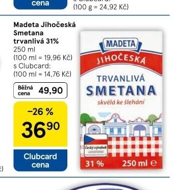 Madeta Jihočeská Smetana trvanlivá 31%