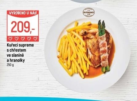 Kuřecí supreme s chřestem ve slanině a hranolky