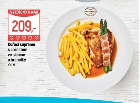 Kuřecí supreme s chřestem ve slanině a hranolky