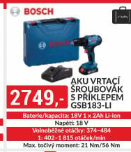Aku vrtací šroubovák s příklepem GSB183-LI Bosch