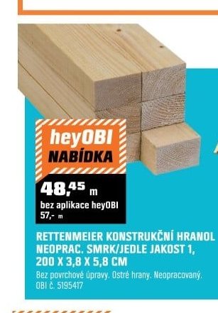 RETTENMEIER KONSTRUKČNÍ HRANOL NEOPRAC. SMRK/JEDLE JAKOST 1, 200 X 3,8 X 5,8 CM