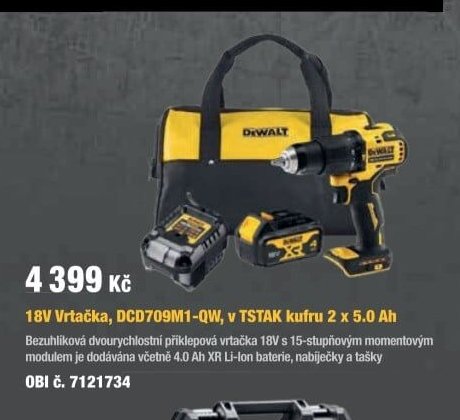 18V Vrtačka, DCD709M1-QW, v TSTAK kufru 2 x 5.0 Ah