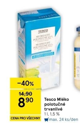 Mléko trvanlivé Tesco - 1,5% polotučné