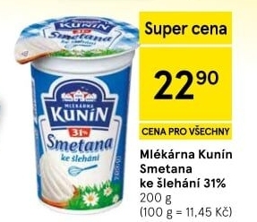 Smetana ke šlehání Mlékárna Kunín 31%