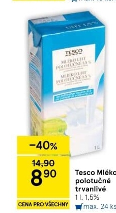 Mléko trvanlivé Tesco - 1,5% polotučné