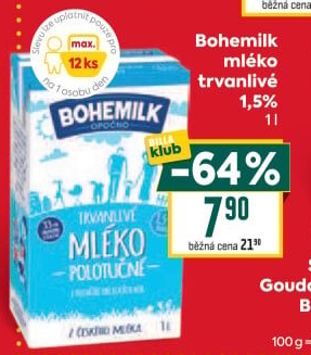 Mléko trvanlivé Bohemilk - 1,5% polotučné