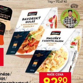 Hotové jídlo (Bavorský guláš, Halušky s uzeným masem)