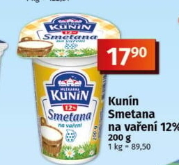 Smetana na vaření Mlékárna Kunín 12%