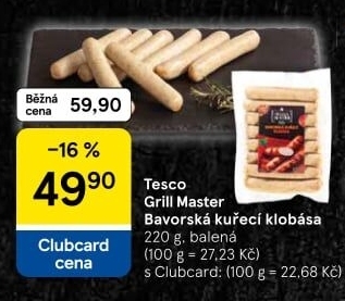 Bavorská klobása kuřecí Grill Master Tesco