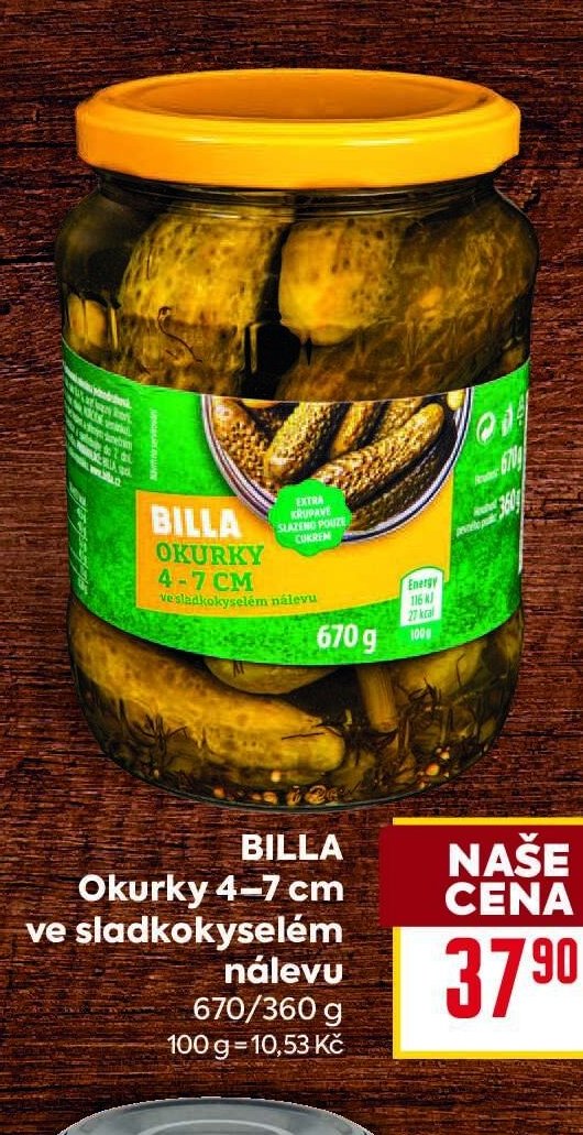 BILLA Okurky 4-7 cm ve sladkokyselém nálevu