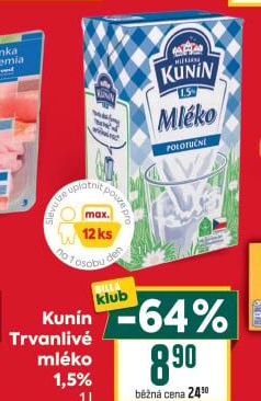 Mléko trvanlivé Mlékárna Kunín - 1,5% polotučné