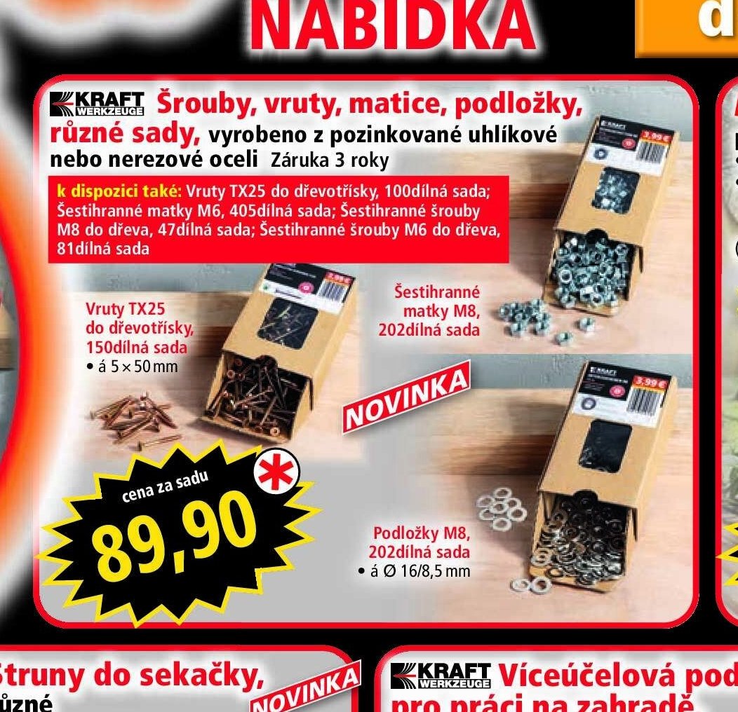 Šrouby, vruty, matice, podložky, různé sady