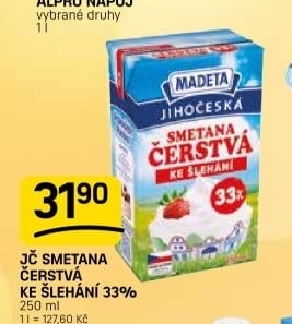 Smetana čerstvá ke šlehání Jihočeská Madeta 33%