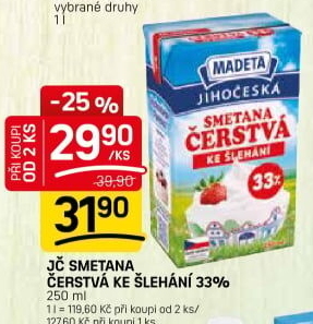 Smetana čerstvá ke šlehání Jihočeská Madeta 33%