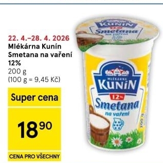 Smetana na vaření Mlékárna Kunín 12%