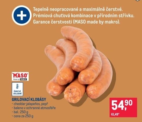Grilovací klobása cheddar s jalapeňos MASO Made by makro