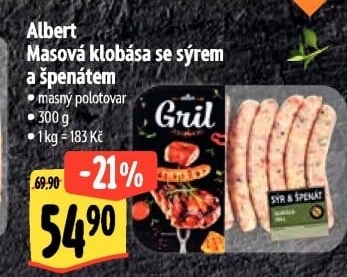 Klobása se sýrem a špenátem Albert Gril