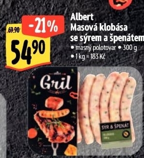 Klobása se sýrem a špenátem Albert Gril