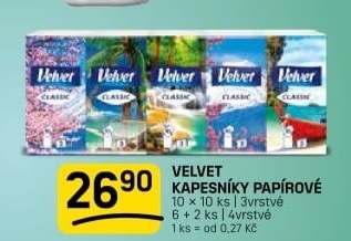 Kapesníčky papírové 3vrstvé Velvet