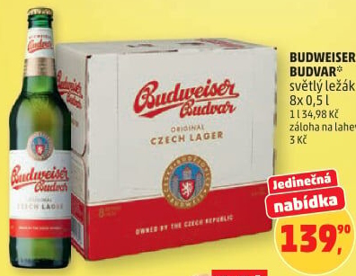 Pivo světlý ležák Budweiser Budvar