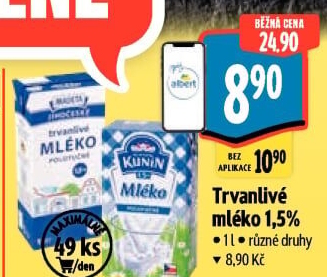 Mléko trvanlivé Mlékárna Kunín - 1,5% polotučné