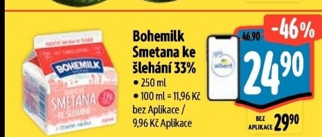 Smetana ke šlehání 33% Bohemilk Opočno