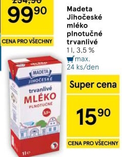 Mléko trvanlivé Jihočeské Madeta - 3,5% plnotučné