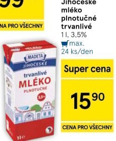 Mléko trvanlivé Jihočeské Madeta - 3,5% plnotučné