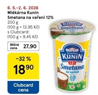 Smetana na vaření Mlékárna Kunín 12%