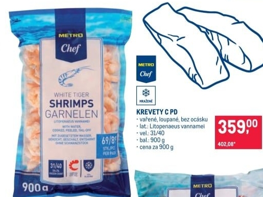 Krevety vařené loupané mražené Metro Chef