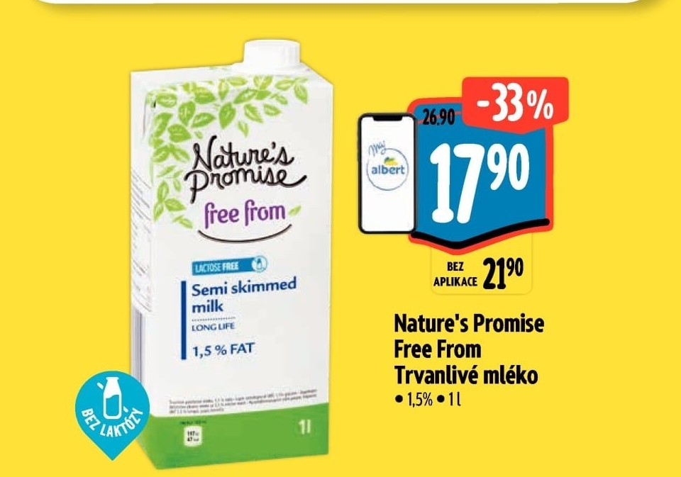 Mléko trvanlivé bez laktózy Free From Nature'