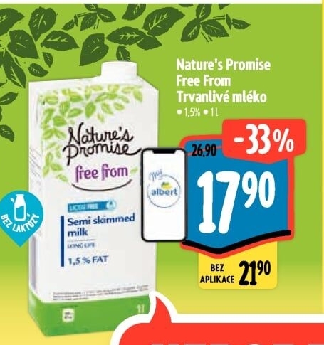Mléko trvanlivé bez laktózy Free From Nature'