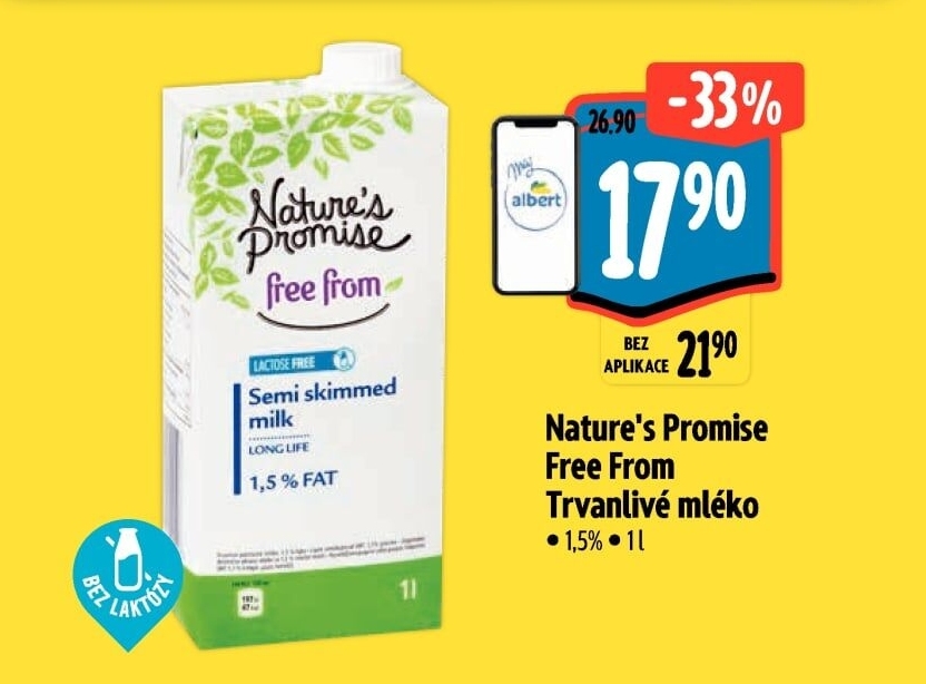Mléko trvanlivé bez laktózy Free From Nature'