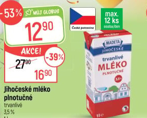 Mléko trvanlivé Jihočeské Madeta - 3,5% plnotučné