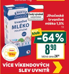 Mléko trvanlivé Jihočeské Madeta - 1,5% polotučné